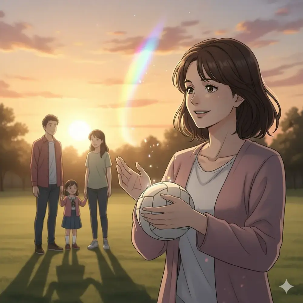 夕暮れの公園で、バレーボールを手に微笑む女性。遠くには家族が立ち、小さな虹がかかる。