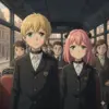 ダミアンとアーニャがバスの中で並んで立ち、少し緊張した面持ちで正面を見据えている。彼らは黒い制服を着用し、首元にはお揃いの黒い首輪のような装飾が見える。バスの窓からは、レトロなヨーロッパ風の街並みが広がり、背景には他の子どもたちが座って彼らを見守っている。