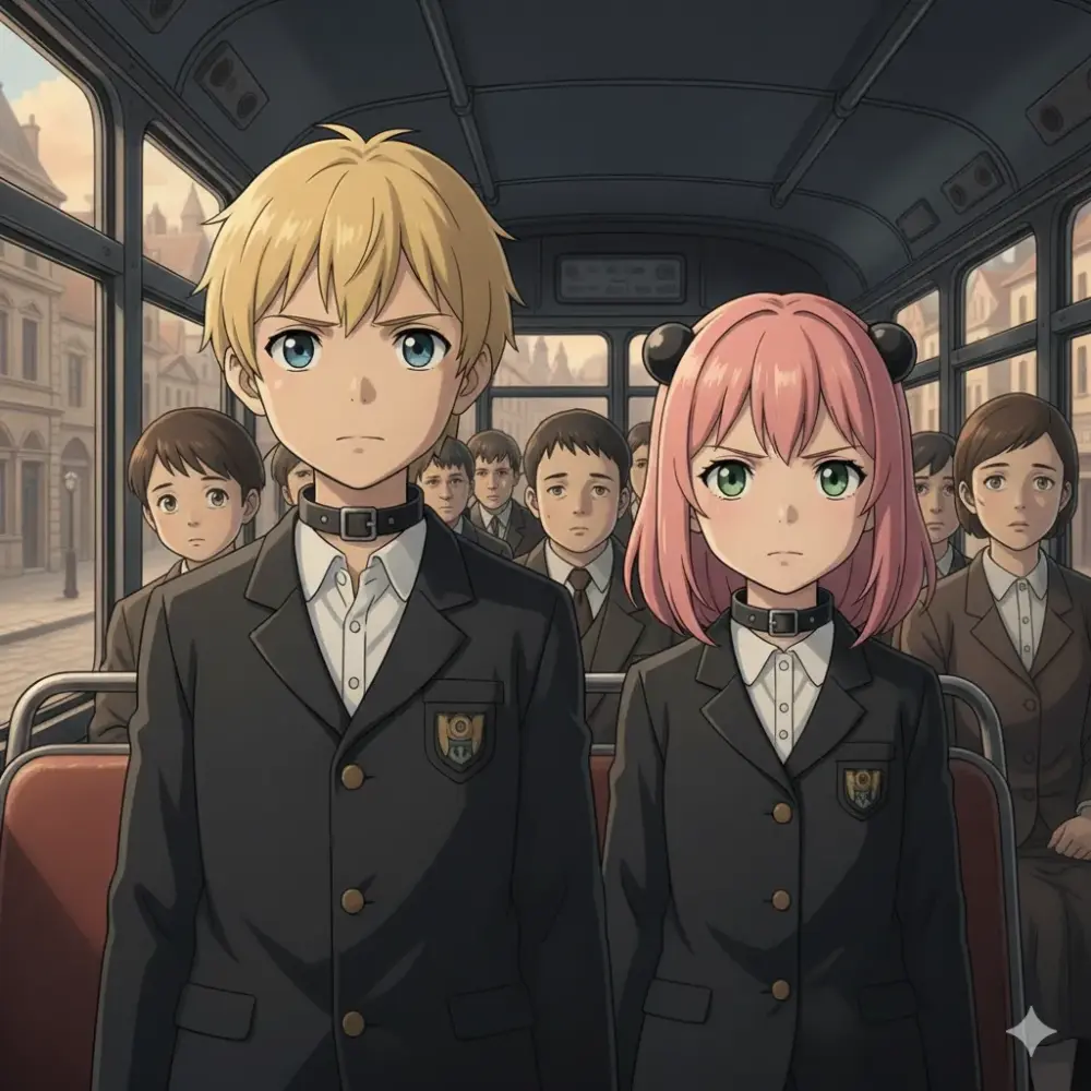 ダミアンとアーニャがバスの中で並んで立ち、少し緊張した面持ちで正面を見据えている。彼らは黒い制服を着用し、首元にはお揃いの黒い首輪のような装飾が見える。バスの窓からは、レトロなヨーロッパ風の街並みが広がり、背景には他の子どもたちが座って彼らを見守っている。