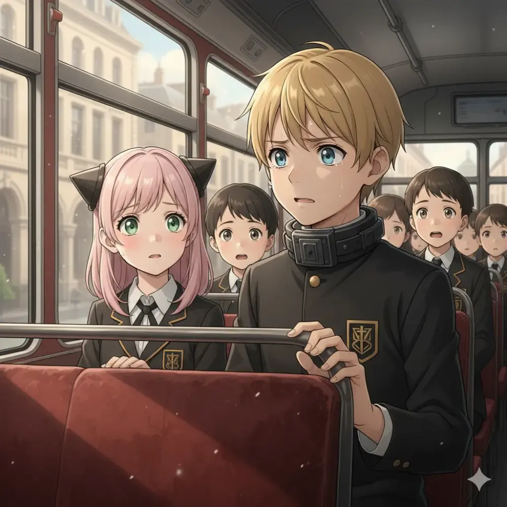 ダミアンがバスの座席の手すりを握りしめ、目に涙を浮かべながらも必死に前を見つめている。彼の首元には何らかの装置が装着されている。隣には不安げな表情のアーニャが座っており、その後ろには他の子供たちが心配そうに二人を見つめている。窓の外にはレトロなヨーロッパ風の街並みが広がり、緊迫した雰囲気が漂っている。