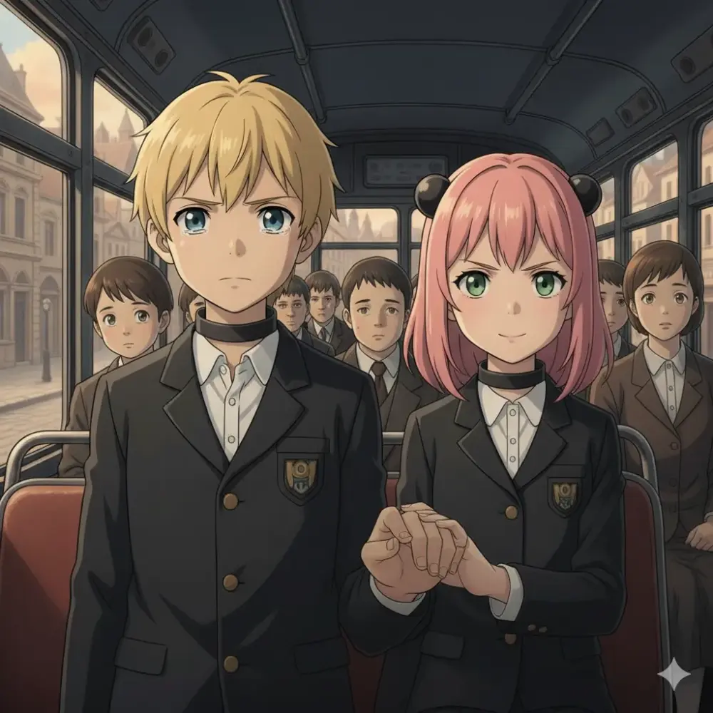 バスの中で、少し不安げな表情の少年と、毅然とした表情の少女が並んで立っています。二人はお揃いの制服を着ており、首元には同様の装飾が見られます。少女は少年の手を優しく握り、励ますように見つめ合っています。バスの窓からは、クラシカルな街並みが広がり、背景には他の生徒たちが座って二人を見守っています。