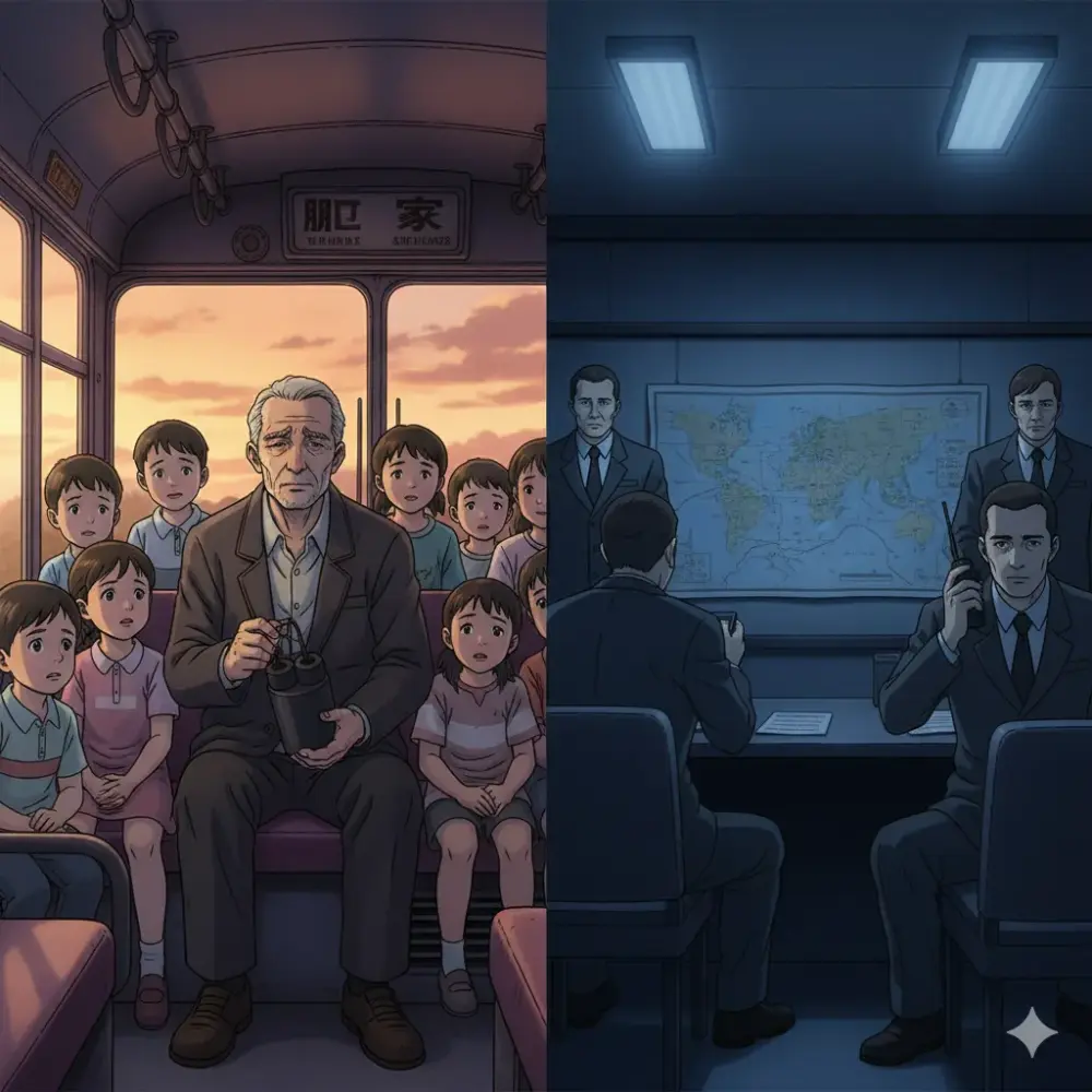 左側は夕焼けに染まるバスの車内で、老いた男性が子供たちに囲まれて座っている。男性は手元にある双眼鏡のようなものを見つめ、子供たちは不安げな表情で彼を見上げている。バスの窓からは街並みが広がり、温かみのある光が差し込んでいる。
右側は薄暗い室内で、数人の男性が机に向かっている。一人の男性は電話を持ち、別の男性は地図が貼られた壁を見ている。彼らはスーツや制服を着用し、冷徹な雰囲気を醸し出している。