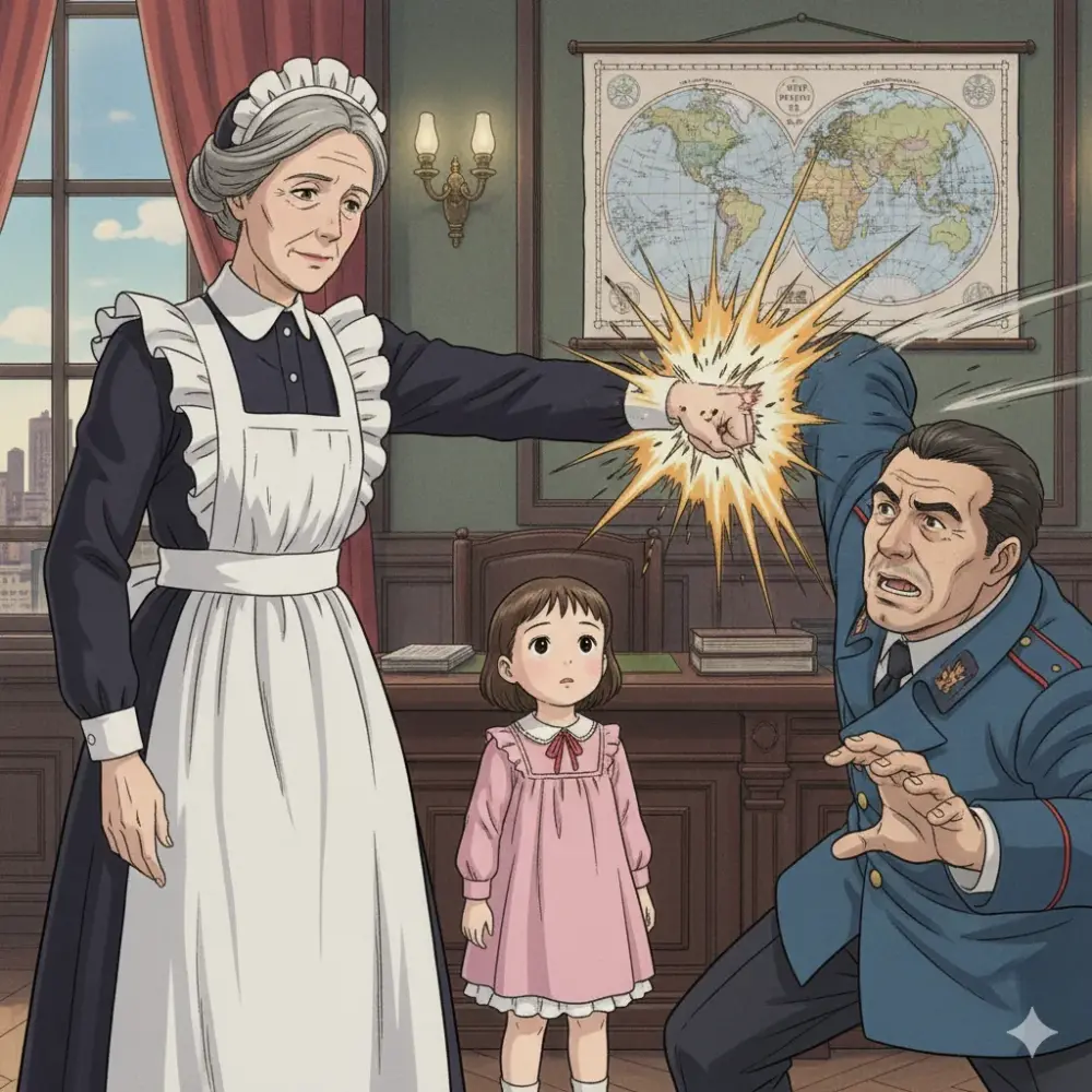 執事服の年配の女性が、軍服を着た男性に向かって拳を突き出し、その拳からは衝撃波のような光が放たれている。男性は驚きと恐怖の表情を浮かべ、後ずさりしている。二人の間には、ピンクのワンピースを着た幼い少女が立ち、少し怯えたような顔でその様子を見上げている。背景には、世界地図が飾られた書斎のような部屋が描かれている。