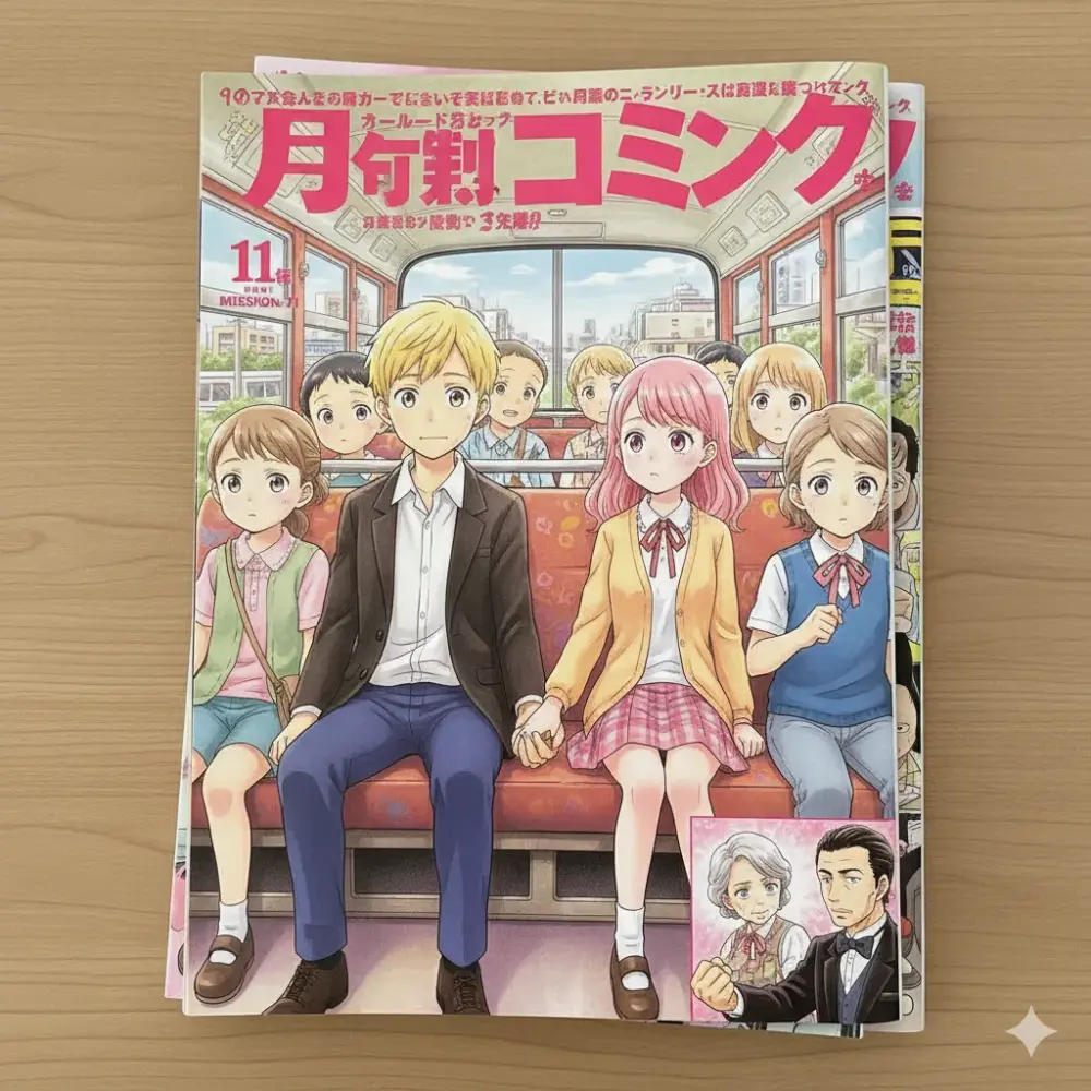 木製のテーブルの上に置かれた雑誌の表紙には、バスの座席に座る子供たちが描かれている。中央には、金髪の少年とピンクの髪の少女が手をつないで座っており、二人は少しはにかんだような表情を浮かべている。彼らの周りには、他の子供たちが座ったり立ったりしている。雑誌のタイトルは「月刊コミック」と書かれており、右下には年配の女性と男性のイラストも添えられている。