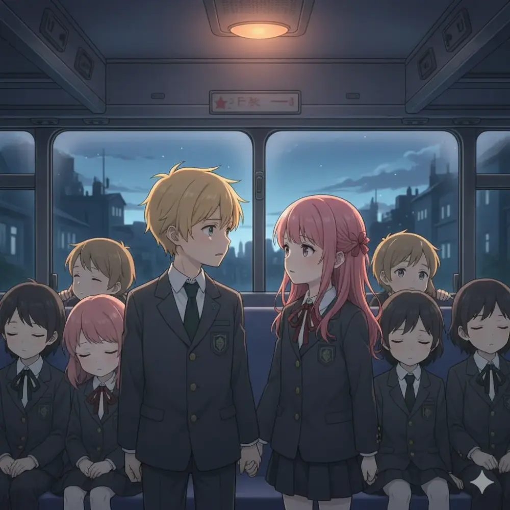 夜のバス車内、金髪の少年とピンクの髪の少女が手を取り合って見つめ合っている。少年は涙を浮かべ、少女は優しく彼を見つめている。彼らの周りには、制服を着た他の子供たちが座っており、数人は眠っているか、静かに二人の様子を見守っている。窓の外には、夜の街並みが広がり、バスの室内灯が温かく二人を照らしている。