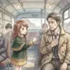 バスの車内、幼い少女が座席に座る男性にキャンディを差し出している。男性は疲れた表情で、胸元に手を当てている。周囲には他の乗客もいる。窓の外にはヨーロッパ風の街並みが広がる。