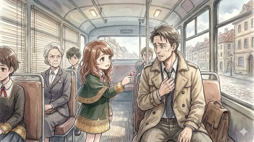 バスの車内、幼い少女が座席に座る男性にキャンディを差し出している。男性は疲れた表情で、胸元に手を当てている。周囲には他の乗客もいる。窓の外にはヨーロッパ風の街並みが広がる。