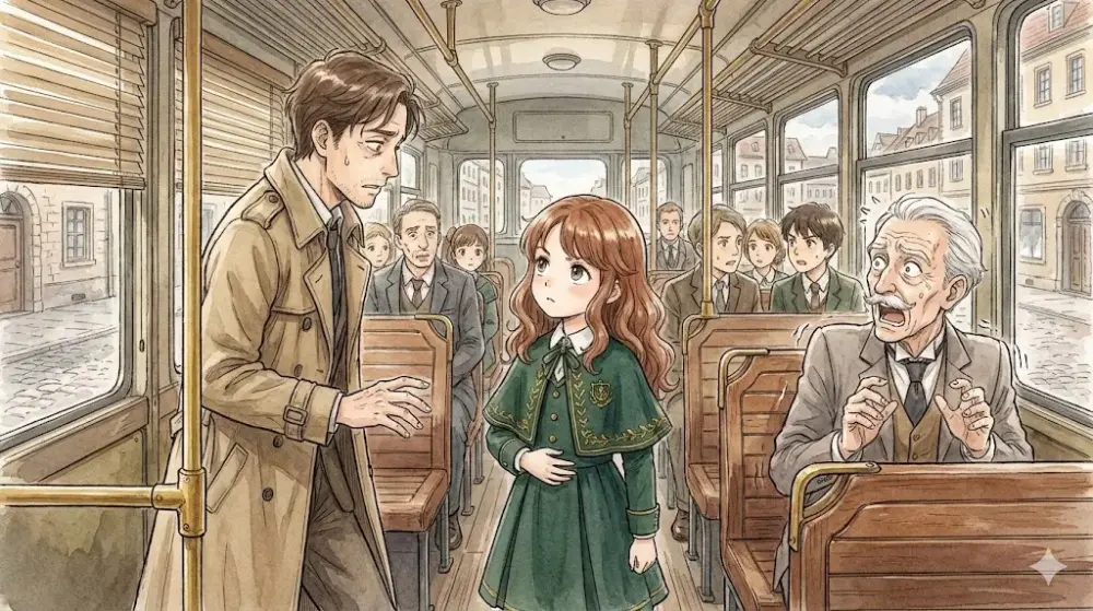 バスの車内で、幼い少女が乗客たちの注目の的になっている。男性は驚きと困惑の表情で少女を見つめ、別の中年男性は口を開けて呆然としている。窓の外にはヨーロッパ風の街並みが広がり、緊張とユーモラスな雰囲気が混在するシーン。