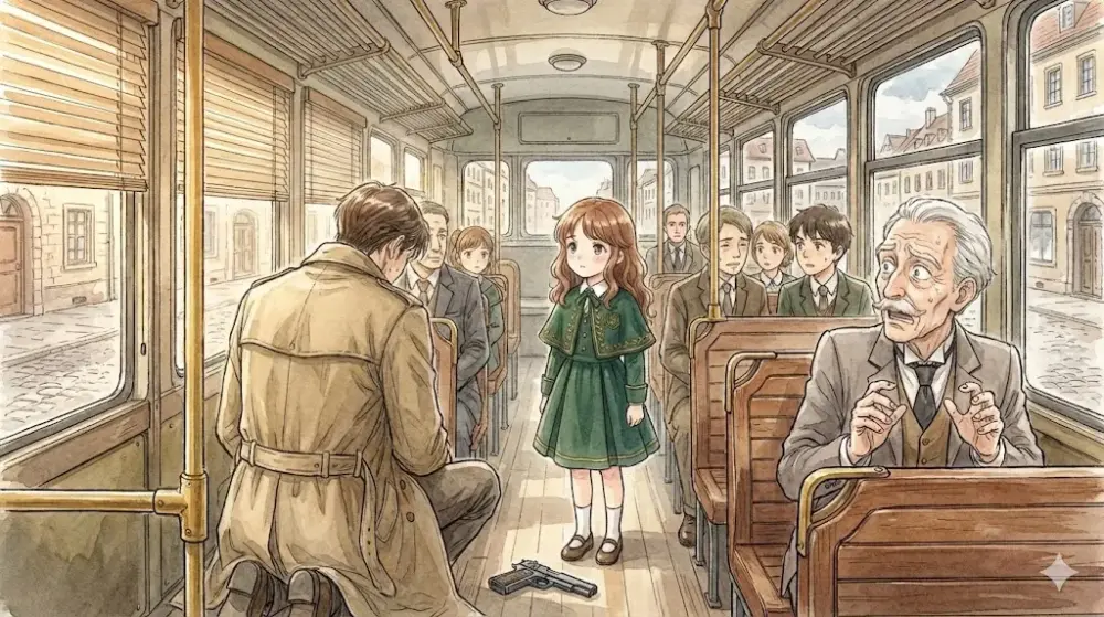バスの車内で、茶色のコートを着た男性が床に片膝をついている。その前には、緑のコートを着た幼い少女が立ち、男性を見つめている。床には拳銃が置かれている。バスの他の乗客たちは、驚きや不安の表情でその様子を見守っている。窓の外にはヨーロッパ風の街並みが広がる。