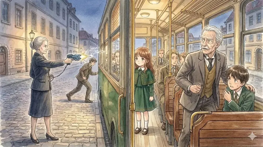 バスの停留所で、灰色のスーツを着た年配の女性が、バスから降りて逃走しようとする若い男性に向かってテーザー銃を発射している。バスの中では、幼い少女と年配の男性、そして数人の生徒がその光景を驚きの表情で見ている。背景にはヨーロッパ風の街並みが広がる。