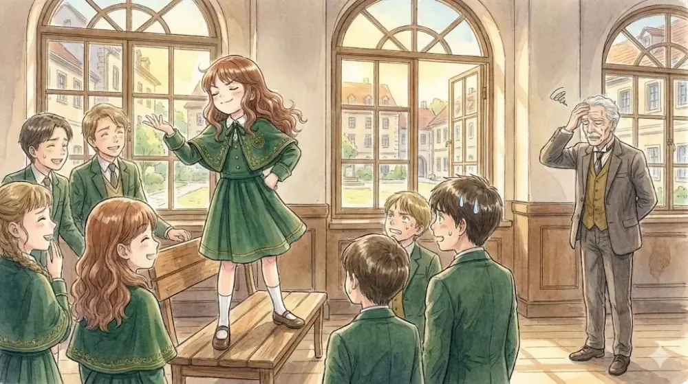 学校の教室のような場所で、一人の少女が机の上に立ち、笑顔で腕を広げている。周囲の生徒たちは彼女を取り囲んで楽しそうに笑っている。部屋の隅では、年配の男性が頭に手を当てて困ったような表情をしている。窓の外にはヨーロッパ風の建物が見える。