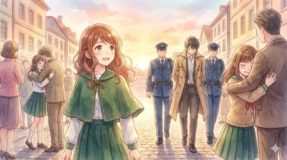 夕焼け空の下、石畳の広場で、幼い少女が前を向いて笑顔で立っている。その背後では、警察官に連行される男性と、親と抱き合う生徒たちの姿が見える。他の人々もそれぞれの表情で広場に佇んでおり、建物が立ち並ぶ街並みを背景に、感動的なシーンが描かれている。