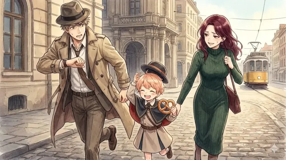 遅刻しそうな家族が石畳の道を駆ける、温かい日常風景。