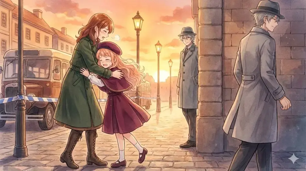 夕暮れの街角で抱き合う母子。陰から見守る男性と、少し離れた場所に立つ男性が描かれている。