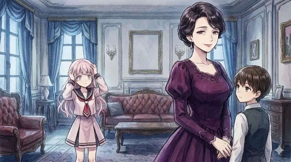 豪奢な部屋で、優しく微笑む女性の隣に少年。少女は頭を抱え困惑した表情。