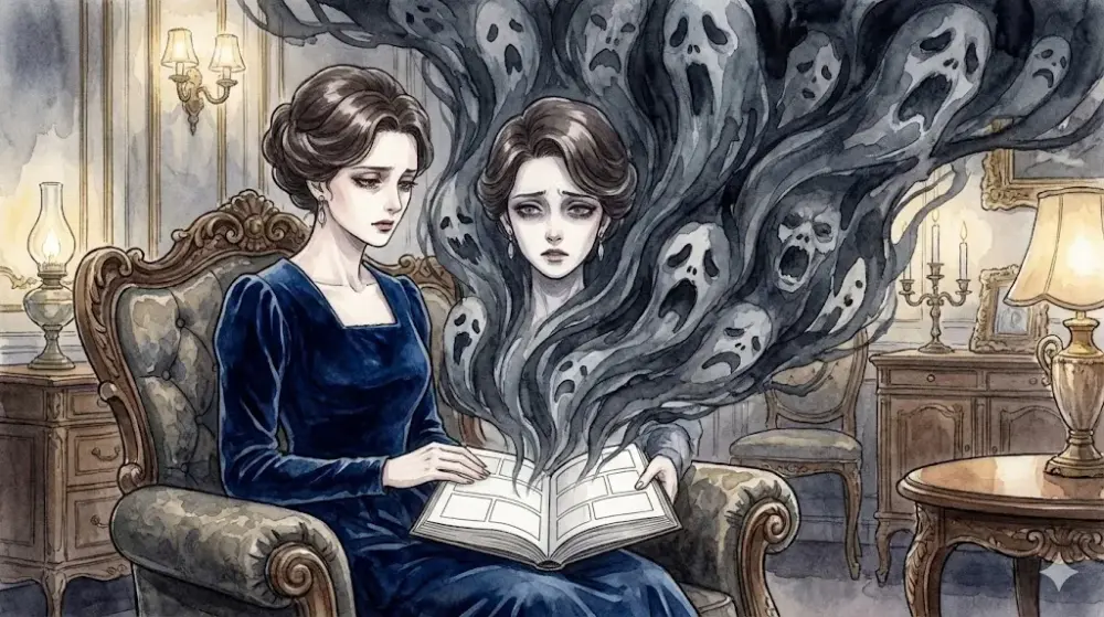 読書中の女性から湧き出る心の闇。ホラーな情景が広がる。