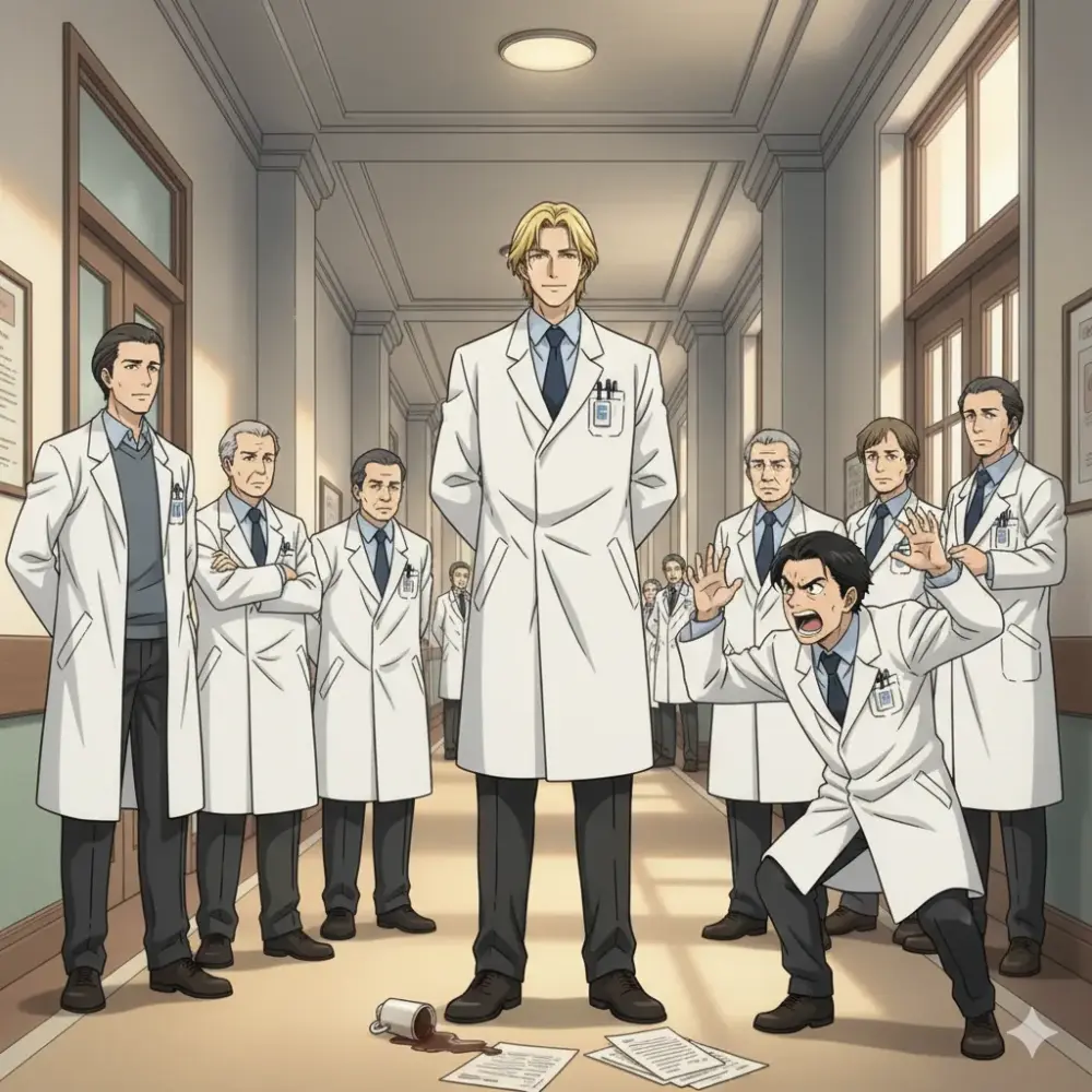 病院の廊下で、長身の金髪の医師(中央)が冷静に立ち尽くす前で、別の男性医師がコーヒーをこぼし、動揺して大げさに身振り手振りしているアニメ調の画像。周囲には複数の医師が立っている。