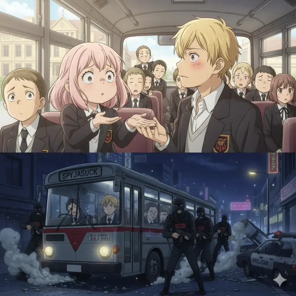 上段はバス車内で会話する学生たち、下段は夜の街で武装集団に囲まれたバスを描いた、光と影のコントラストが際立つアニメ調の二分割画像。