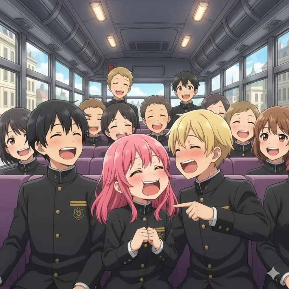 バスの中で楽しそうに笑い合う、制服を着た複数の学生たちを描いたアニメ調の画像。中央にはピンク髪と金髪の二人が笑顔で会話している。