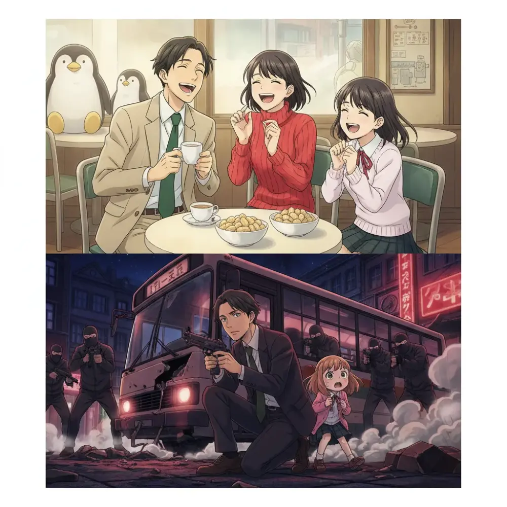 穏やかなカフェで食事をする家族と、夜の街でバスを背景に銃を構える男性と女の子、武装集団を描いた上下二分割のアニメ調画像。
