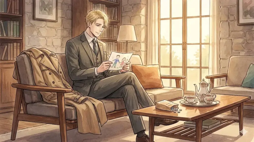 温かい日差しの中、ソファで子どもたちの絵を眺めるスーツの男性。