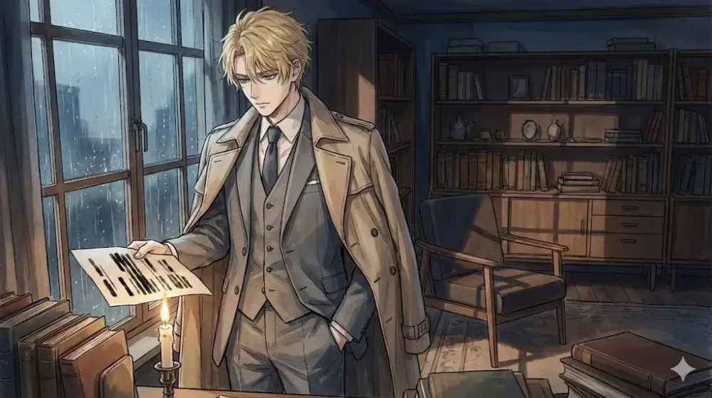 雨の降る夜、書類を持つ金髪の男性。彼の正体は謎に包まれている。
