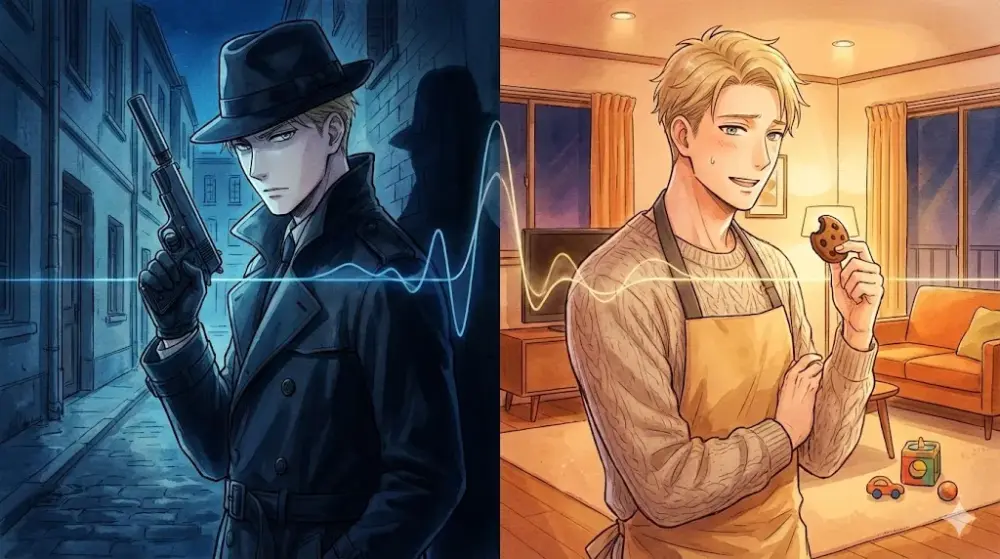 クールなスパイと、エプロン姿でクッキーを持つ優しい男性の対比。