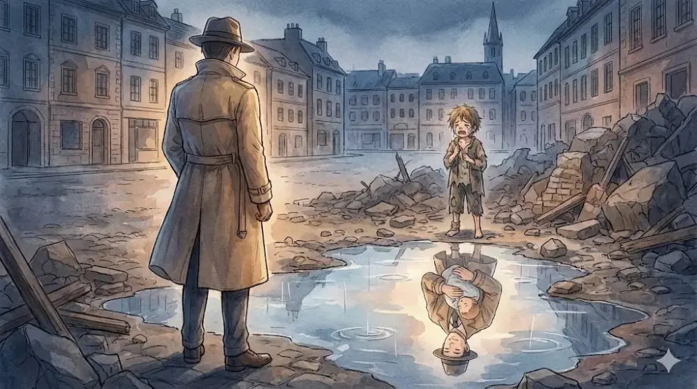 瓦礫の街で、泣く少年と彼を見つめる男。水たまりに映る赤子の姿。