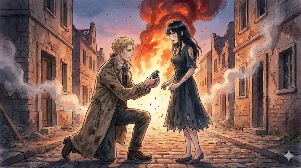 燃える街で、跪き女性に銃の部品を差し出す男性。