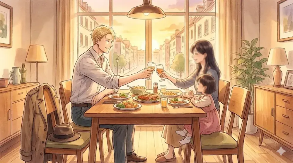 夕暮れ時、食卓を囲み乾杯する家族。窓の外には街並みが広がる。