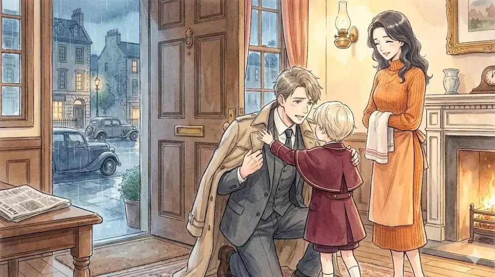 雨の日に帰宅した父親を子供と妻が迎える、温かい家族の風景。