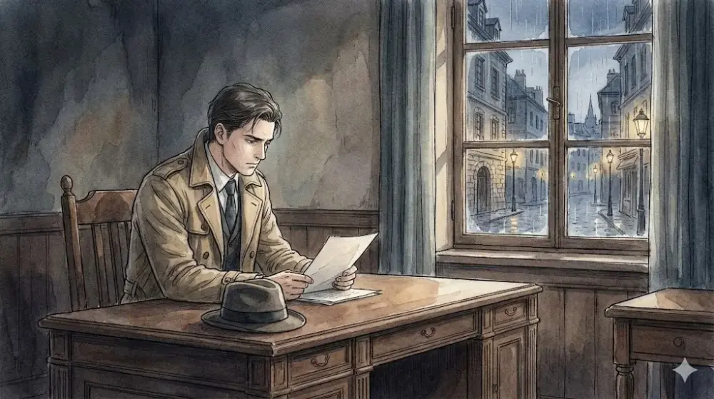 雨の降る夜、部屋で書類を読む男性のミステリアスな情景。