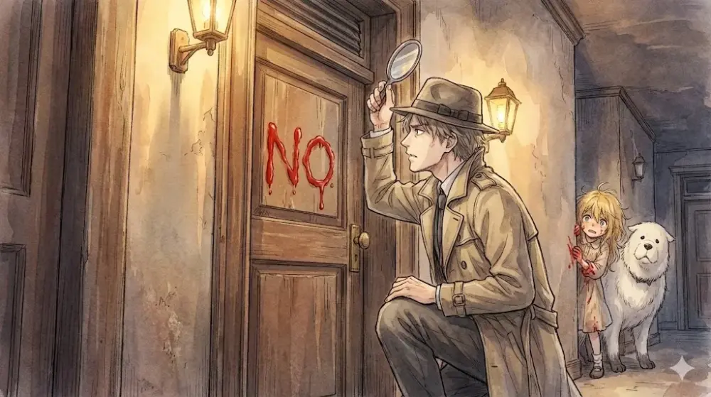 探偵が扉のメッセージを調査する緊迫したシーン。