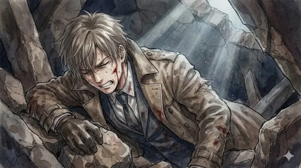 危険な任務を終え、傷を負いながらも静かに佇む金髪の男性スパイ。