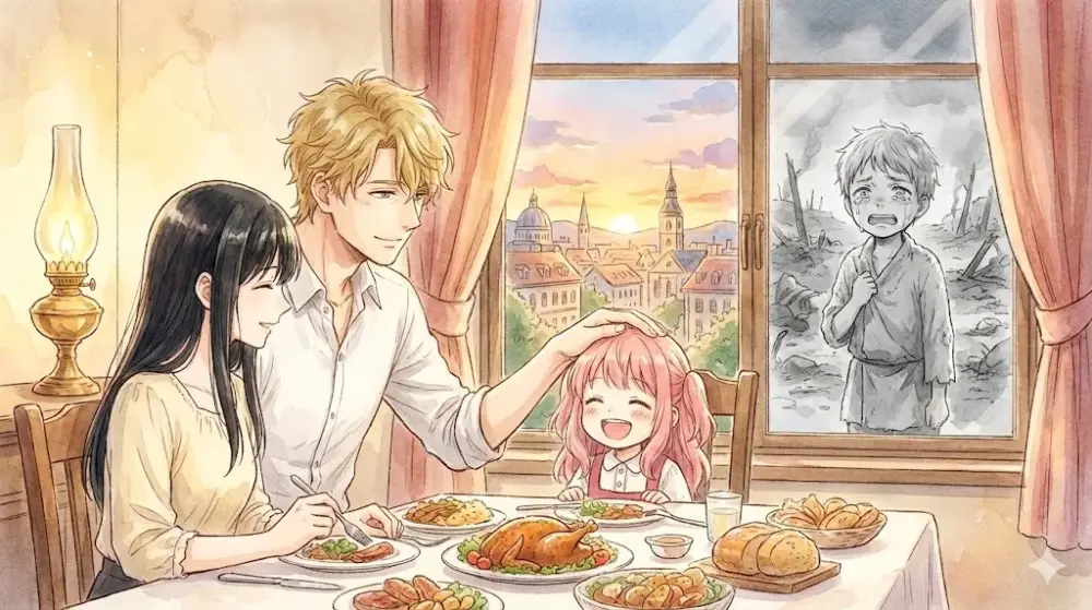 笑顔で食卓を囲む家族と、戦争の過去を対比させるイラスト。