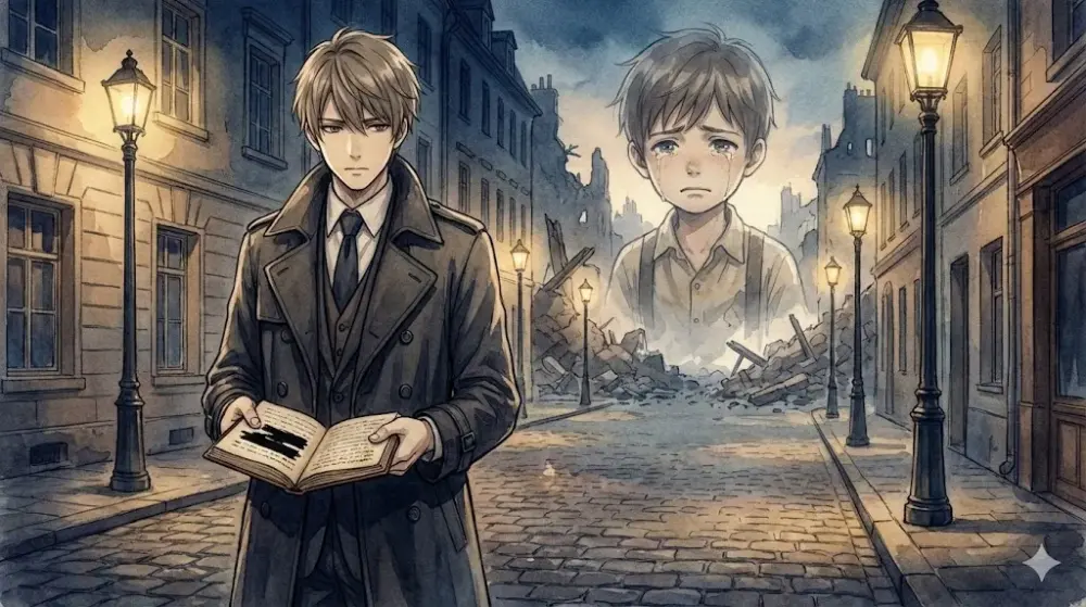 レトロな街並みに立つ男性が黒塗りの本を読み、瓦礫の中で泣く幼い頃の自分の幻影を見ている。