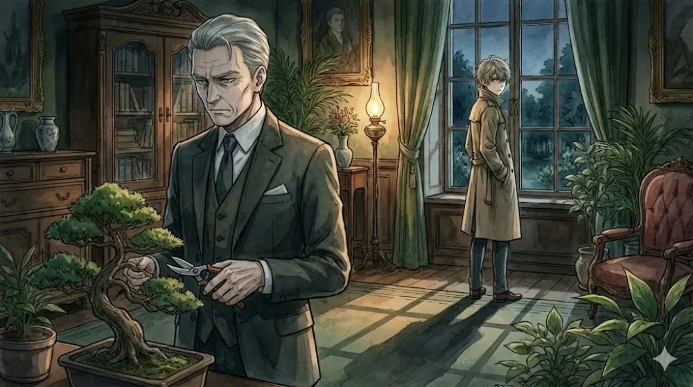 盆栽を剪定する冷徹な男と、彼を見つめる若いスパイの緊張感ある室内。