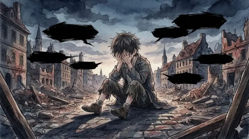 瓦礫の中で顔を覆い泣き崩れる少年、その頭上には黒塗りの吹き出しが浮かぶ。