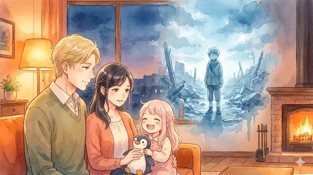 暖炉の光でくつろぐ家族、窓の外には悲しい過去の影が映し出されている。