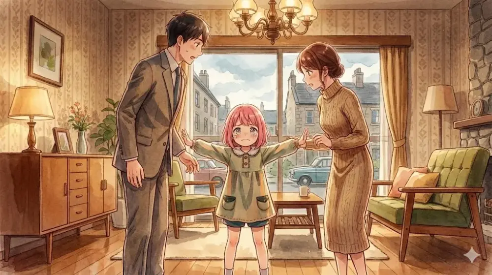 現代風の部屋で喧嘩する両親を止める子供