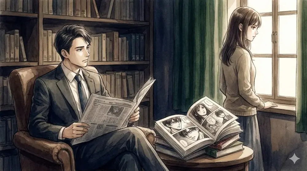 書斎で新聞を読む男性と窓辺に立つ女性