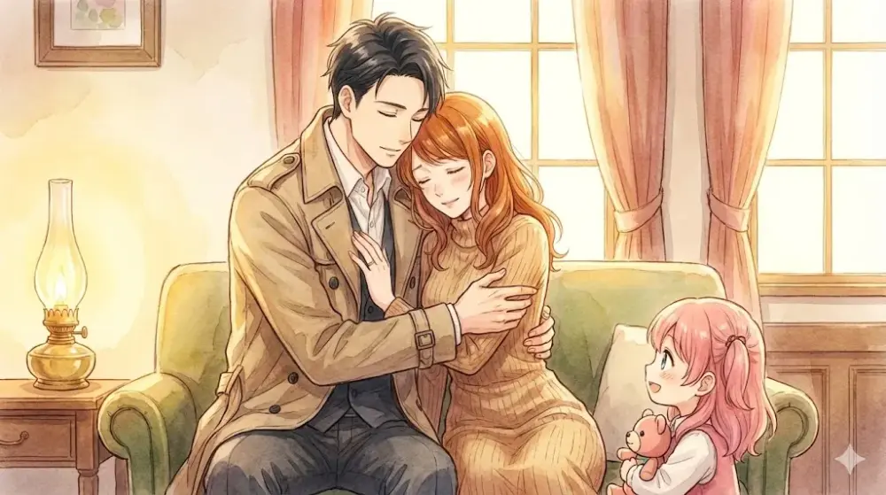 ソファーで抱き合う夫婦と、それを見つめる子供