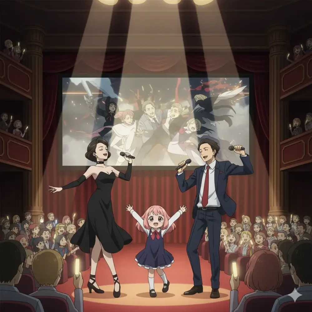 ステージで歌う男女と少女、スクリーンに映るアニメ、観客がペンライトを振る劇場。