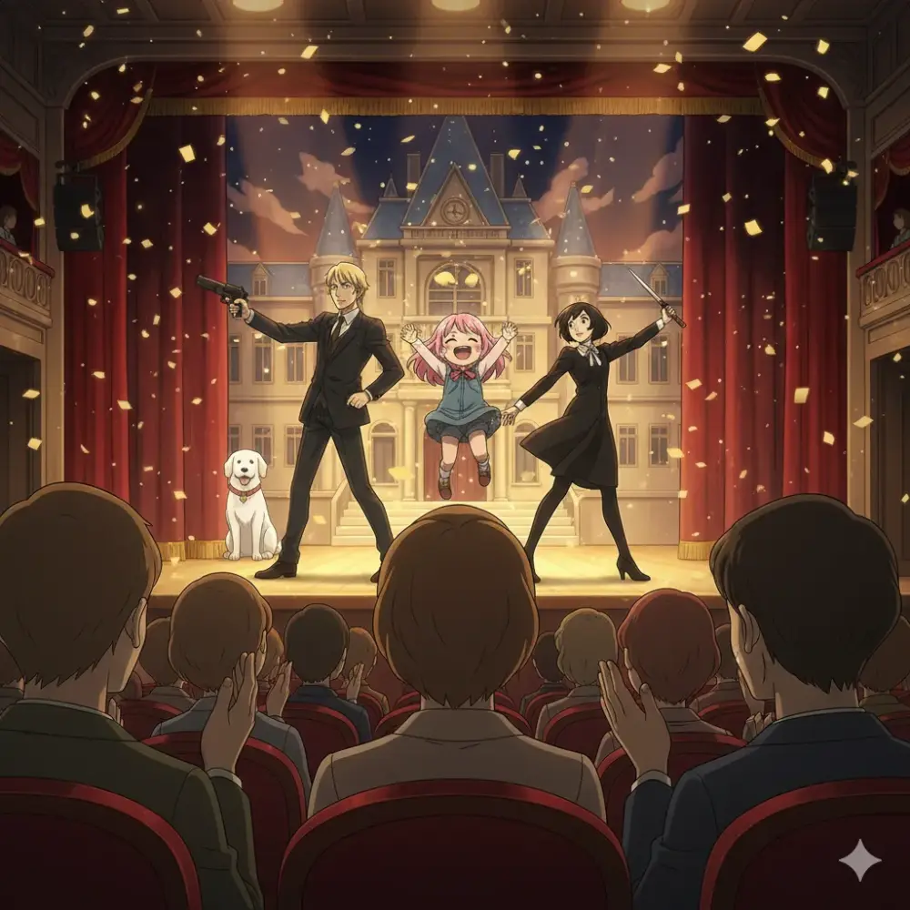 舞台上で活気に満ちた演劇が繰り広げられ、観客が感動に包まれている様子を捉えたアニメーション。 