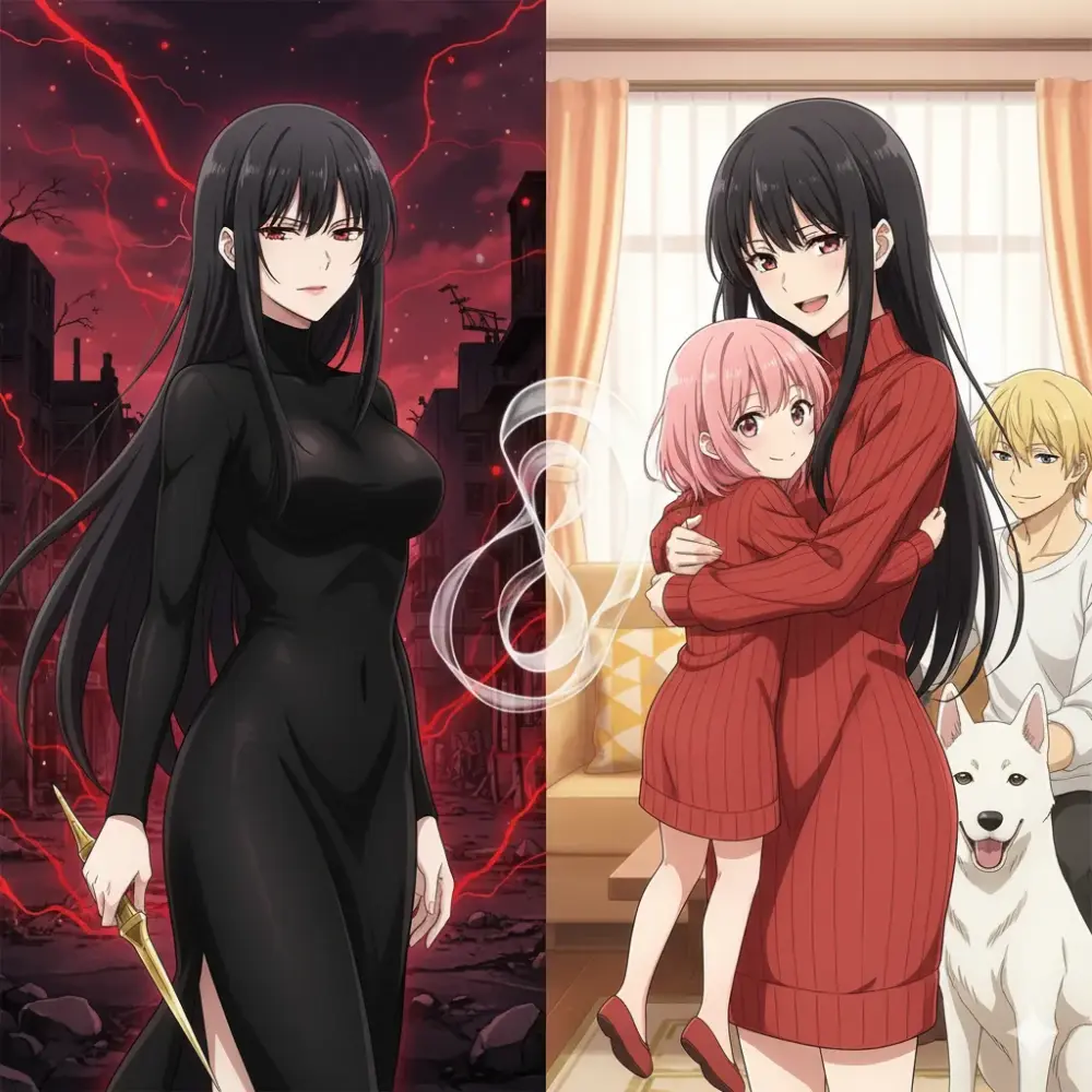 二人の女性が対照的な表情で描かれており、一人は厳しい表情で武器を持ち、もう一人は子供を優しく抱きしめている。