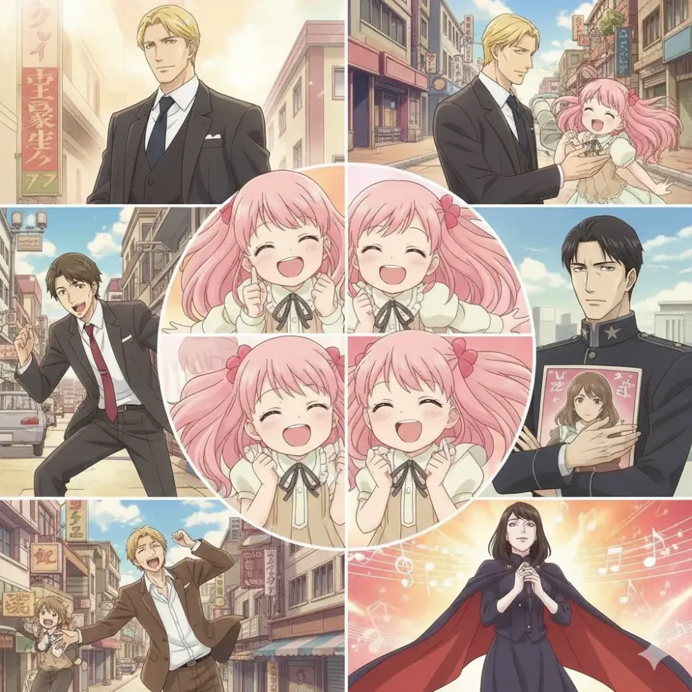 笑顔の女の子を中心に、様々な大人が彼女を取り囲むアニメ風のコラージュ。