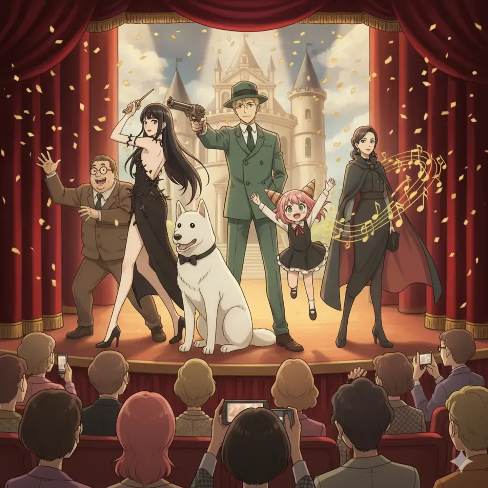 舞台上で演者たちがパフォーマンスを披露し、観客がそれを見守っている様子。 