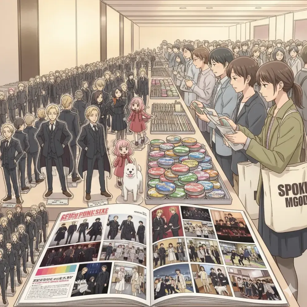 多くのアニメファンが、キャラクターグッズやパンフレットを求めて列をなしているイベント会場の様子。 