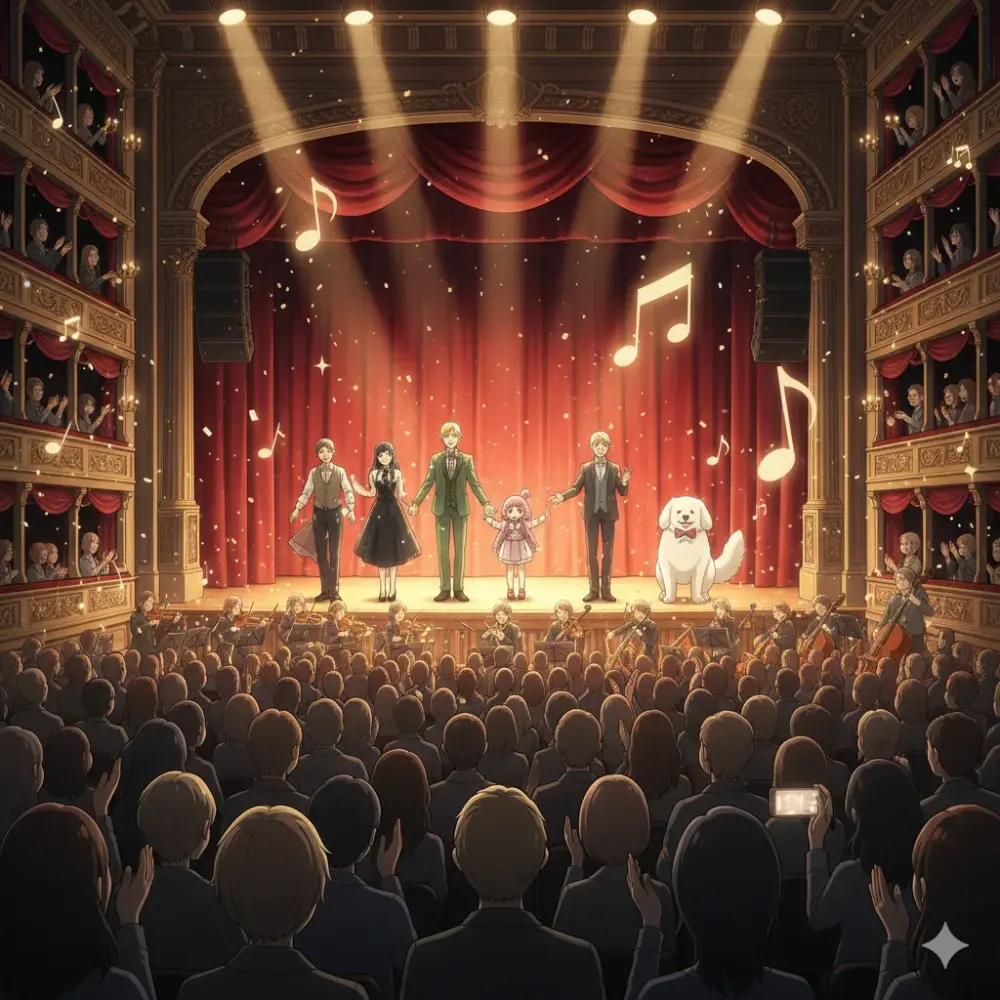 舞台上のキャストがカーテンコールで喝采を浴び、観客が感動に包まれている様子。 