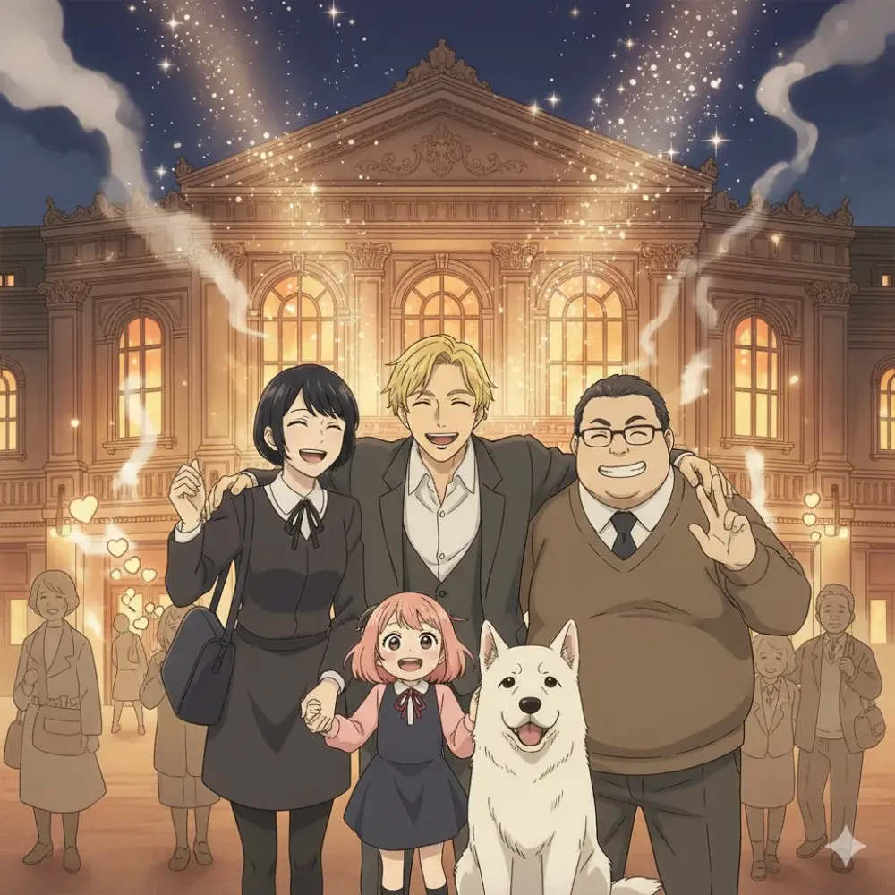 夜の劇場前で、家族と友人が集まって幸せそうに微笑んでいる。